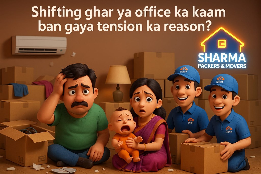 Illustration of a family stressed by packing and moving, helped by professional movers