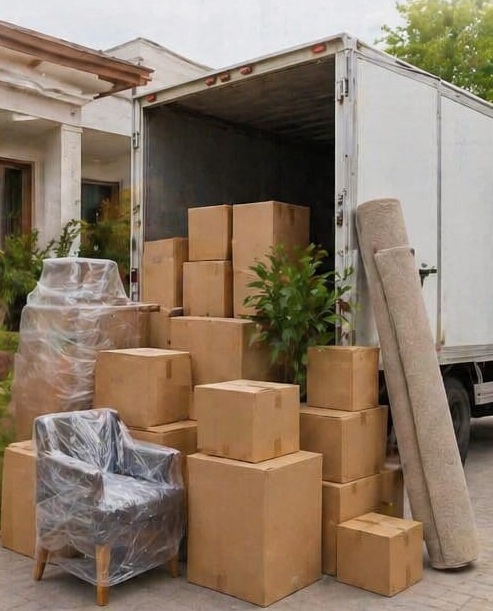 White moving truck with cartons, wrapped furniture, and household goods for domestic shifting